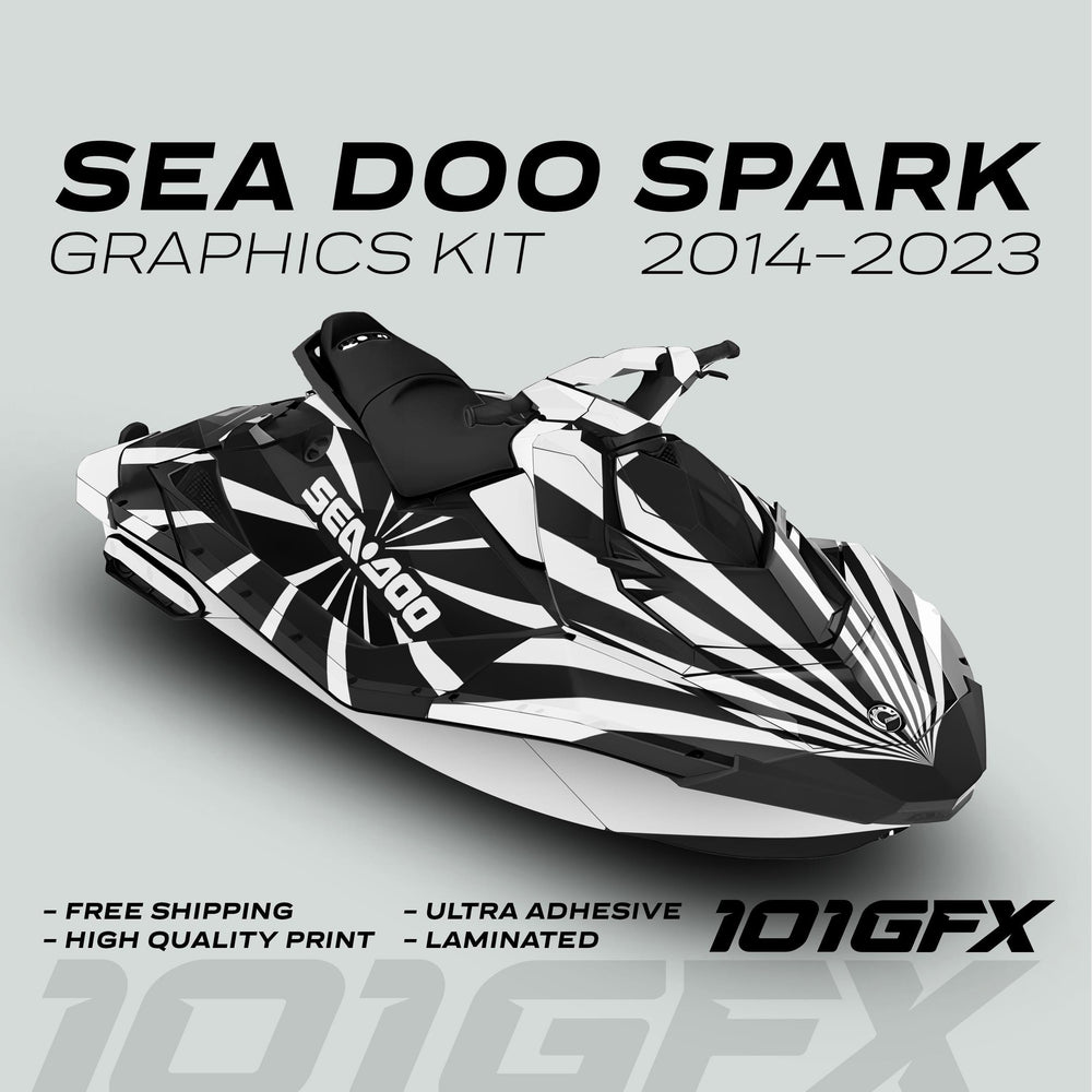Sea Doo Spark Graphics Kit RAYS BLACK WHITE features a 3D render with black-and-white radial stripes, highlighting durability, easy installation, and weather resistance.