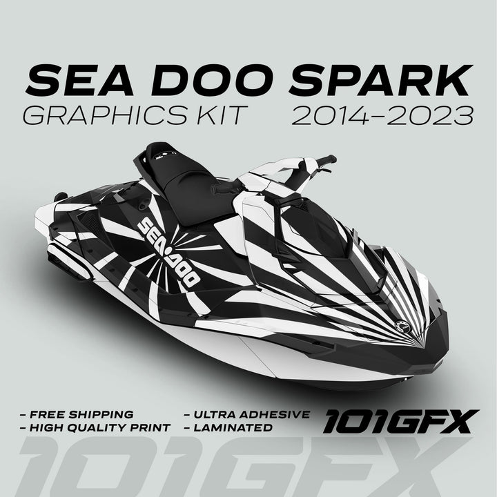 Sea Doo Spark Graphics Kit RAYS BLACK WHITE features a 3D render with black-and-white radial stripes, highlighting durability, easy installation, and weather resistance.