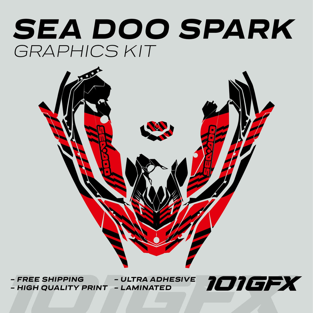 Sea Doo Spark Graphics Kit FAST BLACK RED featuring red-and-black decal layout, ideal for personalizing and protecting Sea-Doo Spark watercraft, includes free shipping and quality assurances.