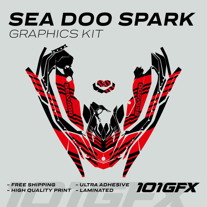 Sea Doo Spark Graphics Kit FAST BLACK RED featuring red-and-black decal layout, ideal for personalizing and protecting Sea-Doo Spark watercraft, includes free shipping and quality assurances.