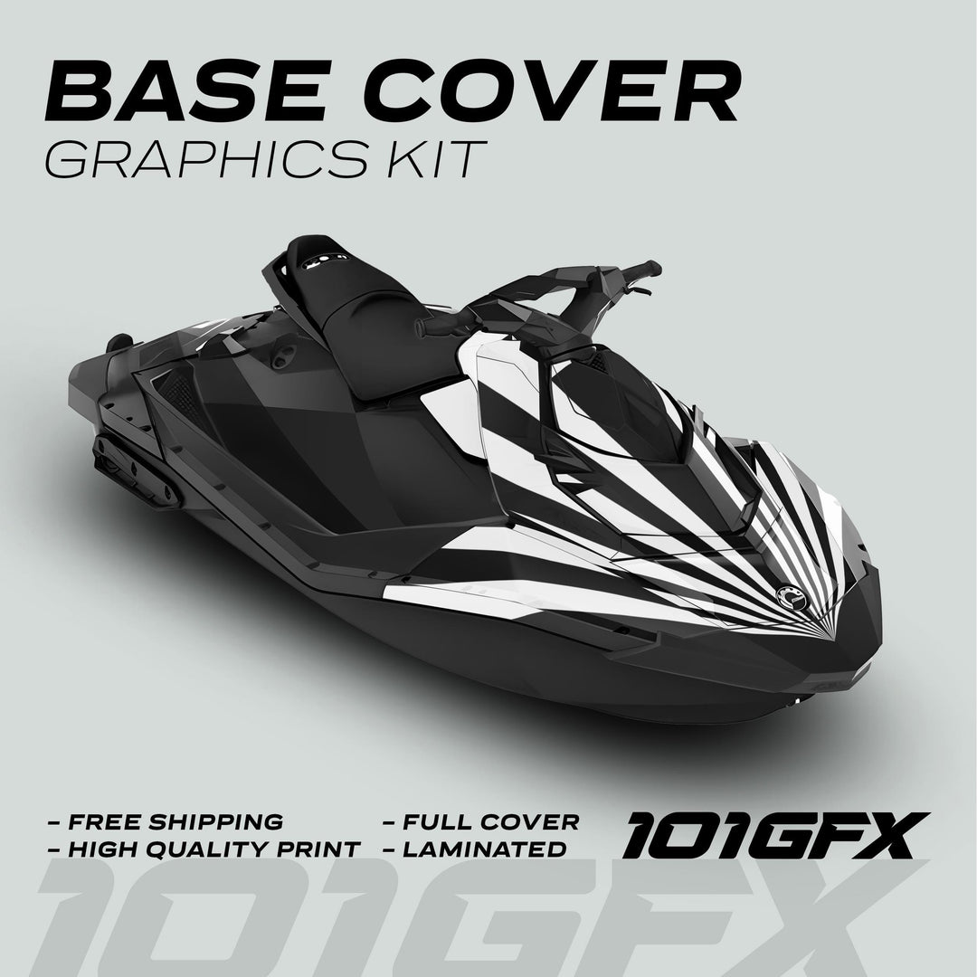 Sea Doo Spark Graphics Kit RAYS BLACK WHITE displayed on a black jet ski, featuring bold black-and-white stripes, highlighting free shipping and high-quality, laminated, full coverage.
