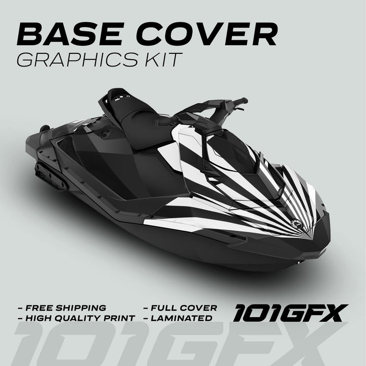 Sea Doo Spark Graphics Kit RAYS BLACK WHITE displayed on a black jet ski, featuring bold black-and-white stripes, highlighting free shipping and high-quality, laminated, full coverage.