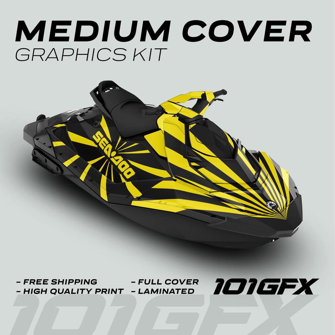 Sea Doo Spark Graphics Kit RAYS BLACK YELLOW on a watercraft, featuring bold yellow-black design, with highlights: free shipping, high quality, full cover, laminated.