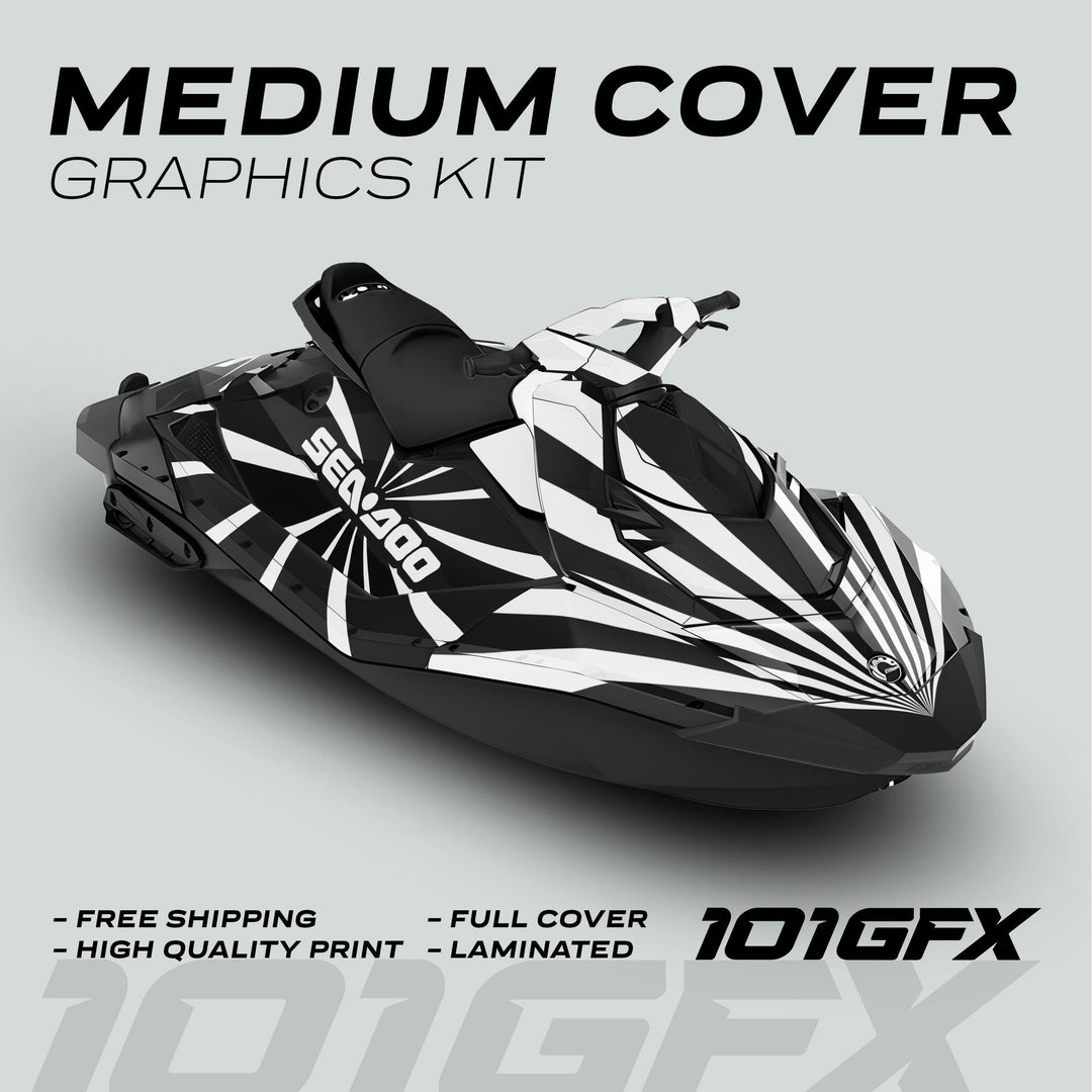 Sea Doo Spark Graphics Kit RAYS BLACK WHITE with sunburst decal, offers free shipping, high-quality print, and durable, laminated full cover for Sea-Doo personal watercraft.