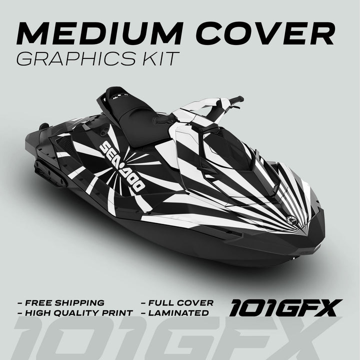 Sea Doo Spark Graphics Kit RAYS BLACK WHITE with sunburst decal, offers free shipping, high-quality print, and durable, laminated full cover for Sea-Doo personal watercraft.
