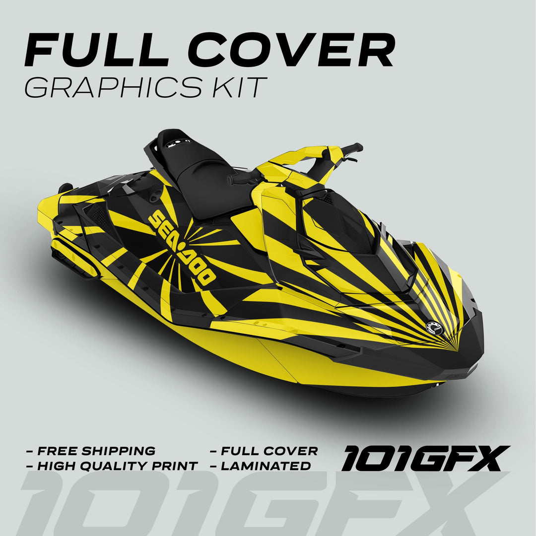 Sea Doo Spark Graphics Kit RAYS BLACK YELLOW, featuring a black and yellow sunburst wrap for a personal watercraft, highlighted by FULL COVER GRAPHICS KIT text.