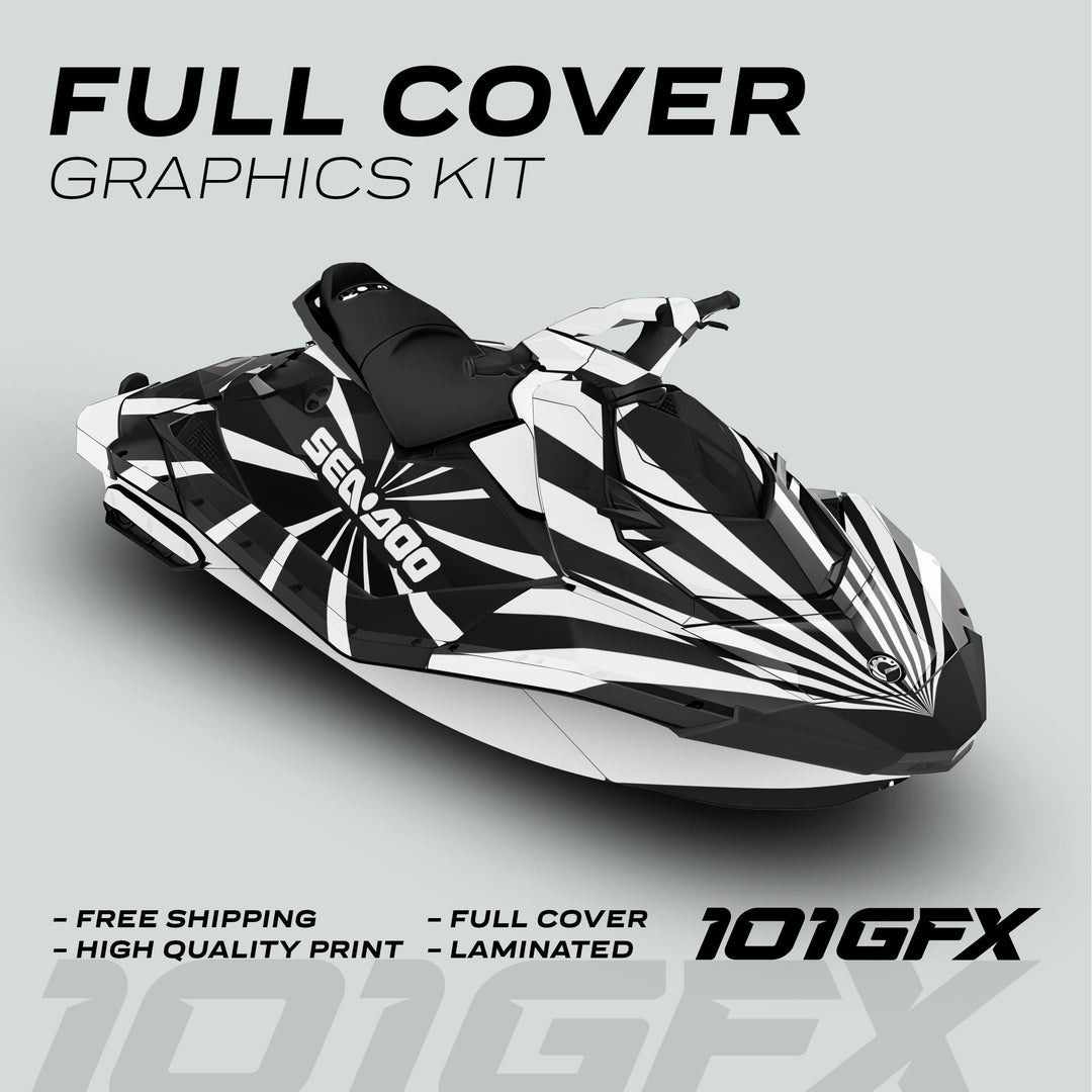 Sea Doo Spark Graphics Kit RAYS BLACK WHITE featuring full-cover, high-quality, laminated vinyl with radial stripe design; includes free shipping and durability for marine environments.