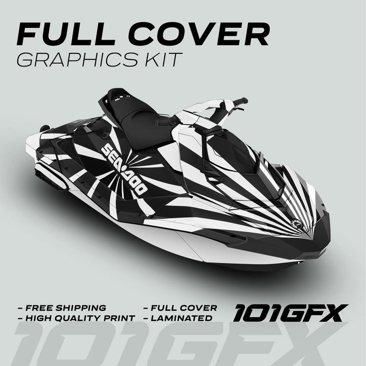 Sea Doo Spark Graphics Kit RAYS BLACK WHITE featuring full-cover, high-quality, laminated vinyl with radial stripe design; includes free shipping and durability for marine environments.
