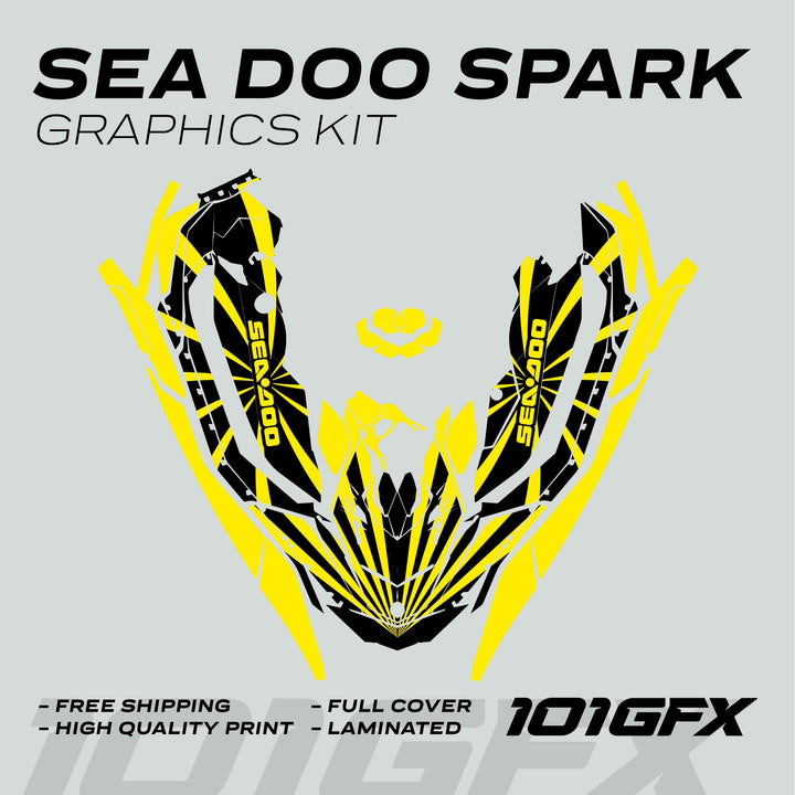 Sea Doo Spark Graphics Kit RAYS BLACK YELLOW decals, featuring symmetrical black and yellow vinyl pieces, highlights include Free Shipping and High Quality Print from 101GFX.