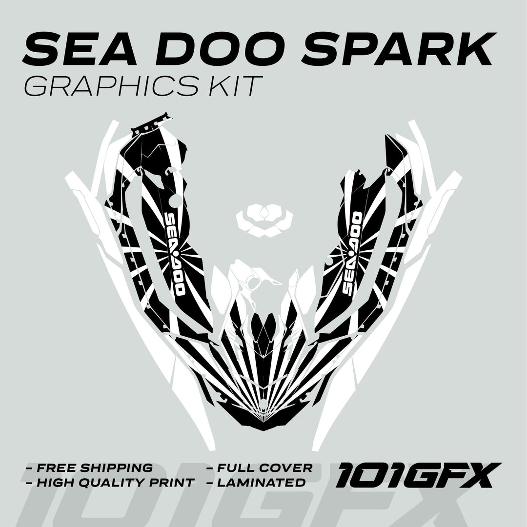 Sea Doo Spark Graphics Kit RAYS BLACK WHITE displayed with black-and-white decals, highlighting features like free shipping and high-quality, weather-resistant vinyl for Sea-Doo Spark models.