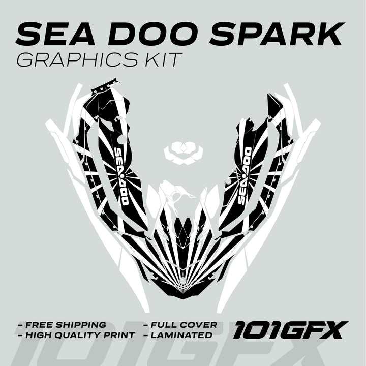 Sea Doo Spark Graphics Kit RAYS BLACK WHITE displayed with black-and-white decals, highlighting features like free shipping and high-quality, weather-resistant vinyl for Sea-Doo Spark models.