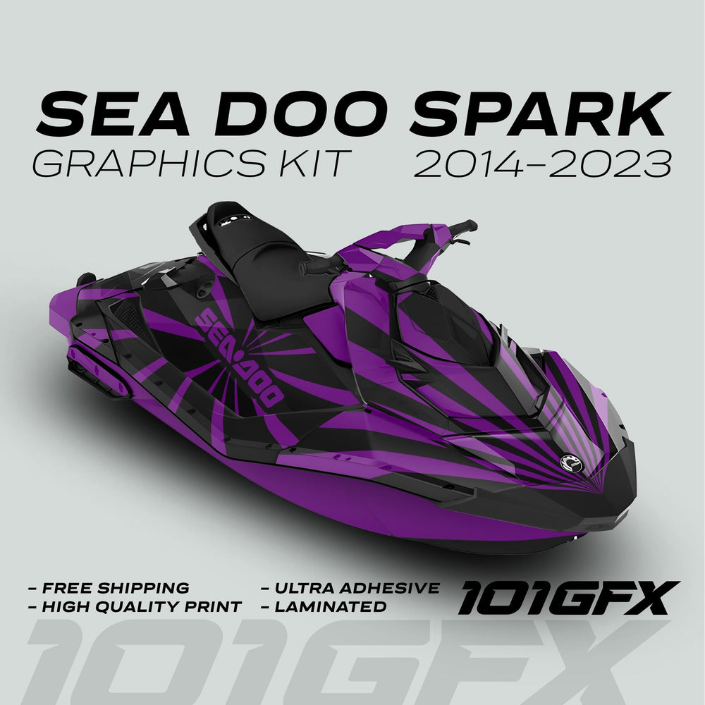 Sea Doo Spark Graphics Kit RAYS BLACK PURPLE: purple-and-black striped decals on a Sea-Doo Spark, featuring Free Shipping, High Quality Print, and Ultra Adhesive highlights.