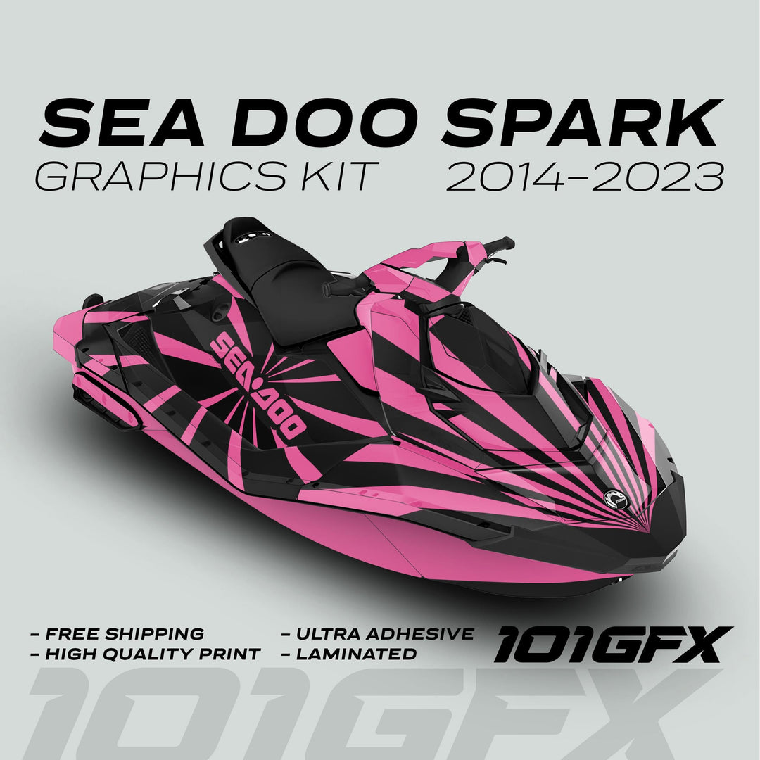 Sea Doo Spark Graphics Kit RAYS BLACK PINK on jetski, showcasing vibrant design, free shipping, high-quality print, ultra adhesive, and laminated finish by 101GFX.