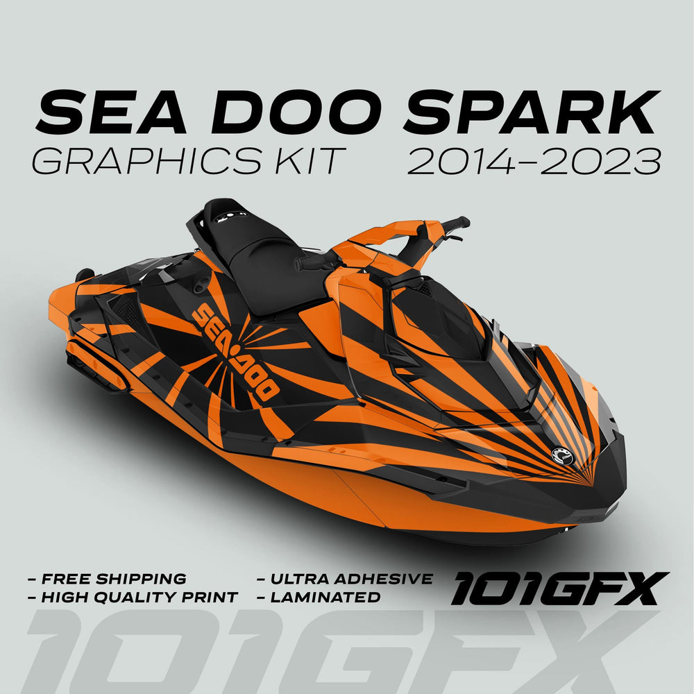 Sea Doo Spark Graphics Kit RAYS BLACK ORANGE featuring bold sunburst design, free shipping, ultra adhesive, laminated, by 101GFX. Perfect for customization and protection.