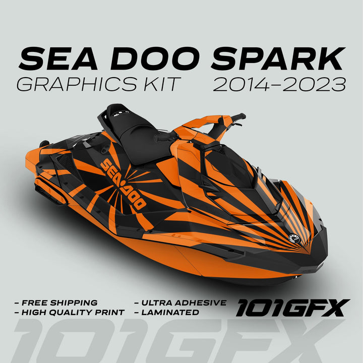 Sea Doo Spark Graphics Kit RAYS BLACK ORANGE featuring bold sunburst design, free shipping, ultra adhesive, laminated, by 101GFX. Perfect for customization and protection.