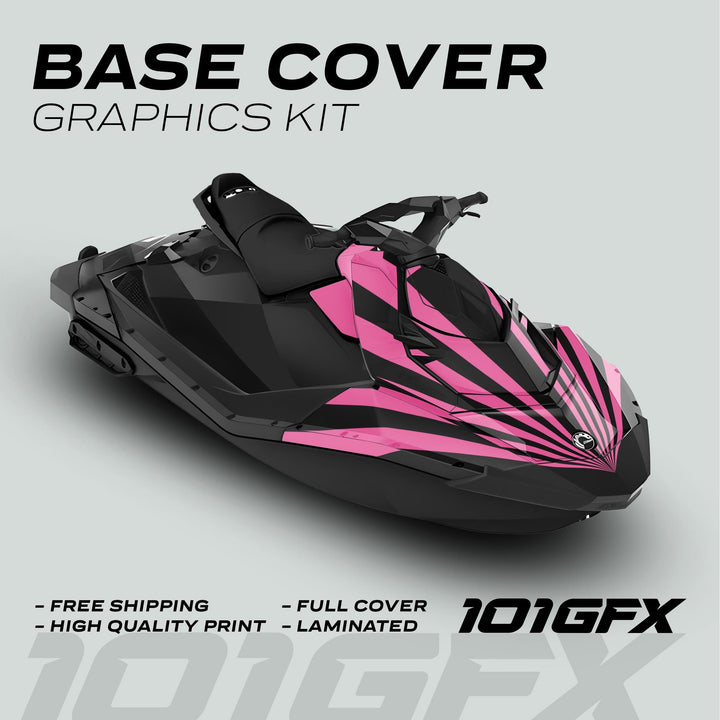 Sea Doo Spark Graphics Kit RAYS BLACK PINK on jet-ski, featuring bold radial stripe design, full cover, laminated for durability, highlighting high-quality print and free shipping.