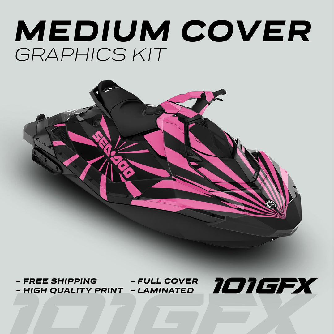 Sea Doo Spark Graphics Kit RAYS BLACK PINK on jet ski, showcasing bold pink accents, full cover, laminated finish, highlighting premium quality and easy application features.
