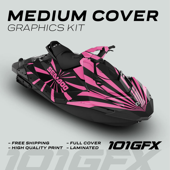 Sea Doo Spark Graphics Kit RAYS BLACK PINK on jet ski, showcasing bold pink accents, full cover, laminated finish, highlighting premium quality and easy application features.