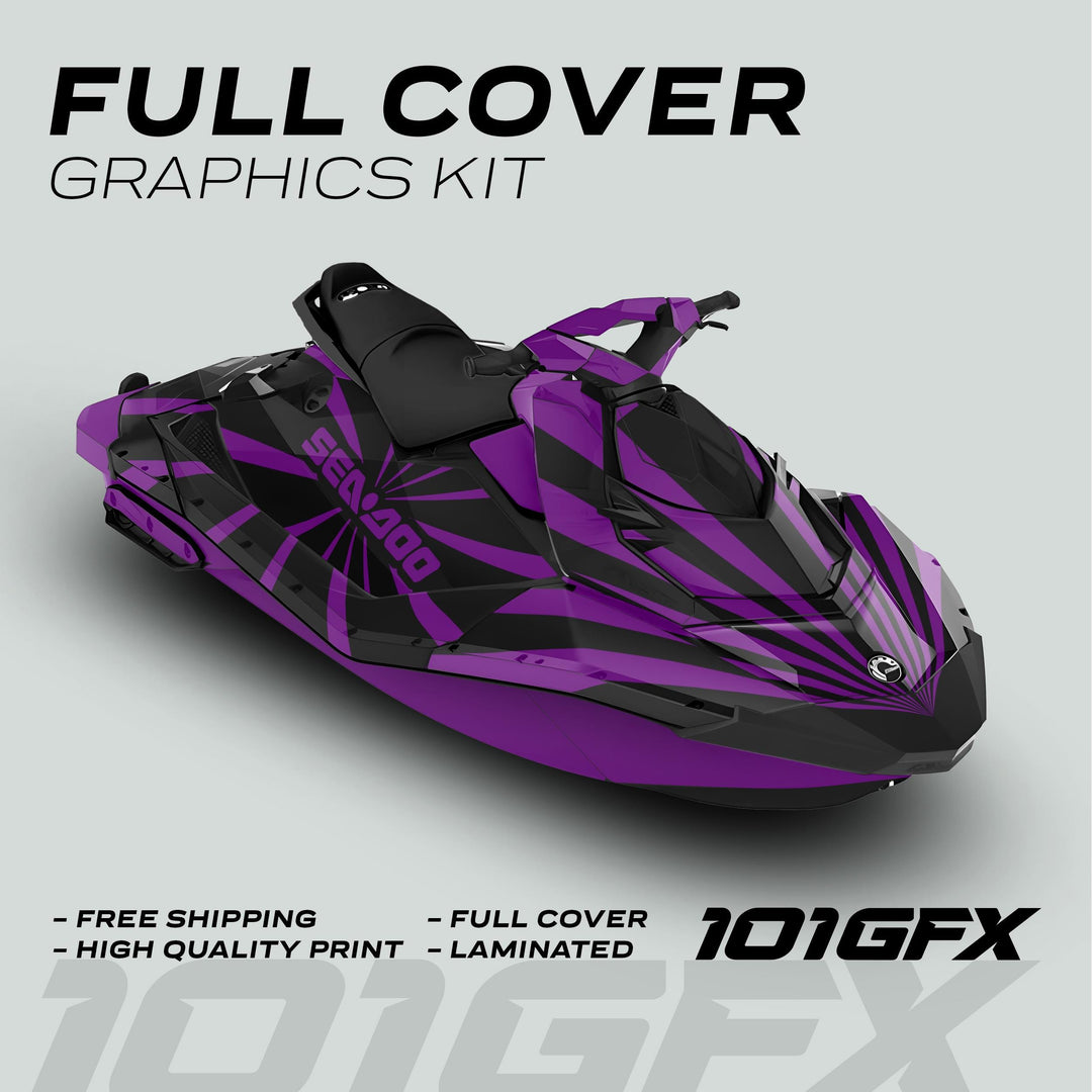 Sea Doo Spark Graphics Kit RAYS BLACK PURPLE, showcasing a full-coverage starburst design on a jet ski, emphasizing premium vinyl durability and easy application.