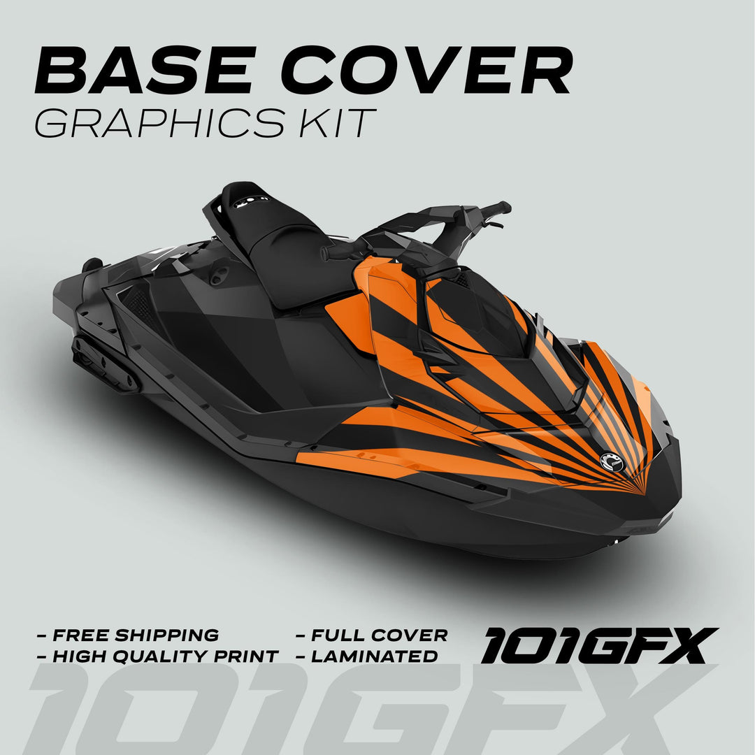 Sea Doo Spark Graphics Kit RAYS BLACK ORANGE on jetski, showcasing black-and-orange stripes, features free shipping, high-quality print, full cover, and laminated finish.