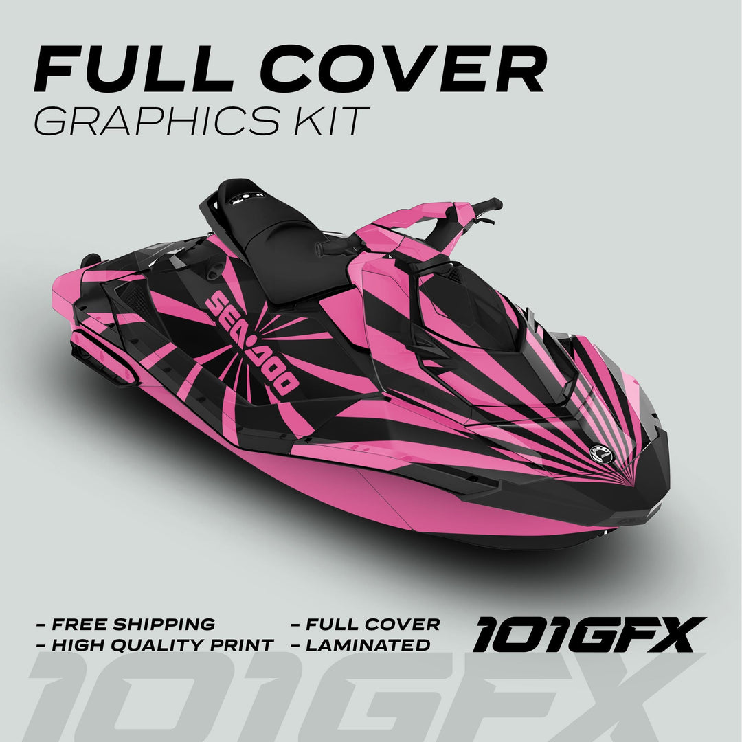 Sea Doo Spark Graphics Kit RAYS BLACK PINK displayed on a jet ski, featuring a full-cover decal with promotional highlights like free shipping and high-quality print.