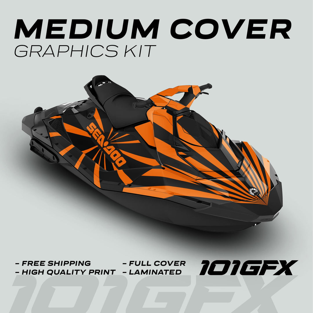 Sea Doo Spark Graphics Kit RAYS BLACK ORANGE on a jet ski, featuring black-and-orange radial-stripe design, promoting free shipping and durability with 101GFX branding.