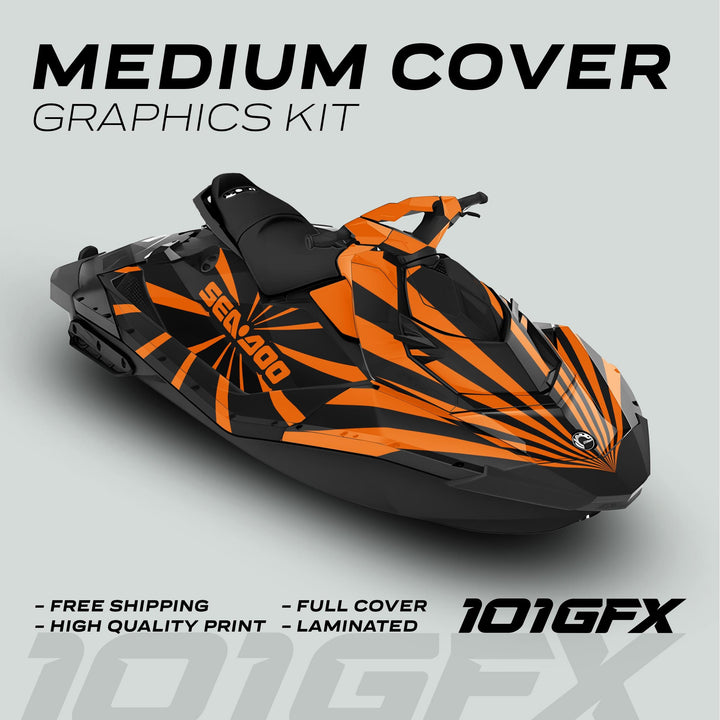Sea Doo Spark Graphics Kit RAYS BLACK ORANGE on a jet ski, featuring black-and-orange radial-stripe design, promoting free shipping and durability with 101GFX branding.