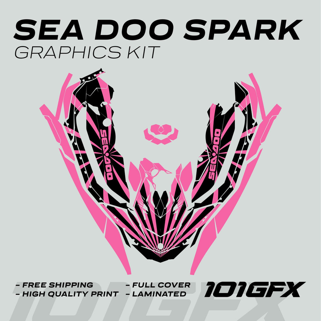 Sea Doo Spark Graphics kit RAYS BLACK PINK with pink-and-black decals for hood and sides, offering full coverage, high-quality print, and laminated finish.