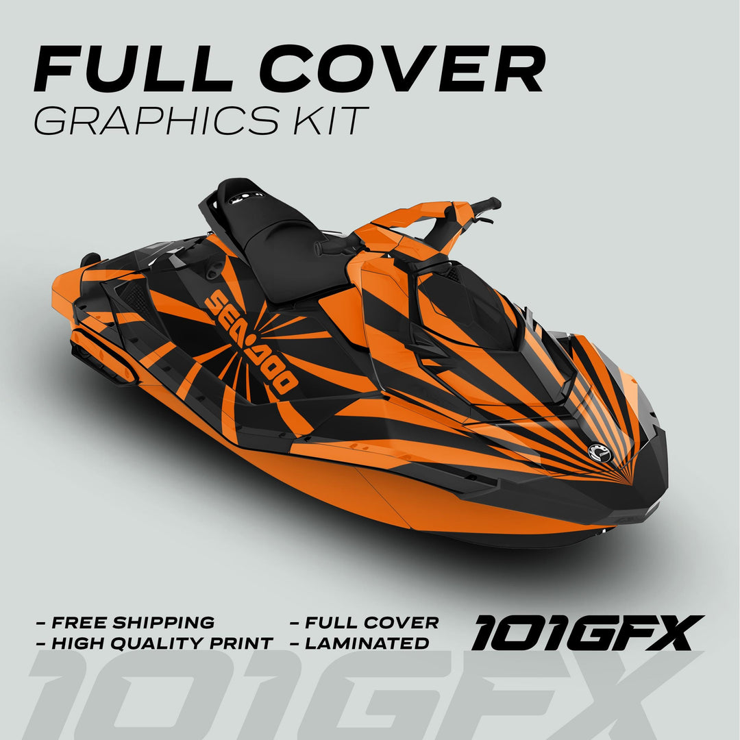 Sea Doo Spark Graphics Kit RAYS BLACK ORANGE on a watercraft, featuring bold black and orange stripes, highlighting full coverage, precision fit, and durability.