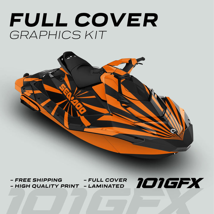 Sea Doo Spark Graphics Kit RAYS BLACK ORANGE on a watercraft, featuring bold black and orange stripes, highlighting full coverage, precision fit, and durability.