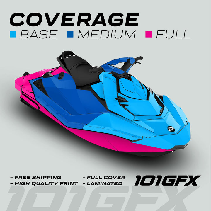 Sea Doo Spark Graphics kit RAYS BLACK PINK, showcasing BASE, MEDIUM, FULL coverage levels with vibrant vinyl graphics, highlighting customization and protection features.