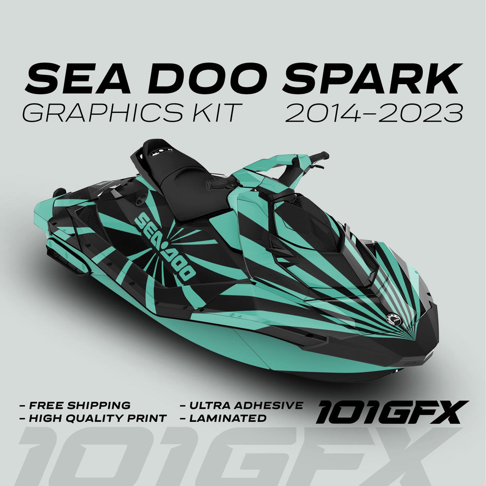 Sea Doo Spark Graphics Kit RAYS BLACK MINT on watercraft, showcasing teal-black design. Features include free shipping, high-quality print, ultra adhesive, and laminated finish.