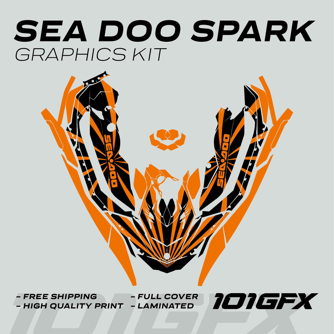 Sea Doo Spark Graphics Kit RAYS BLACK ORANGE: orange-and-black vinyl decals, precision-fit for Sea Doo Spark, featuring bold RAYS design, durable and protective for personal watercraft.