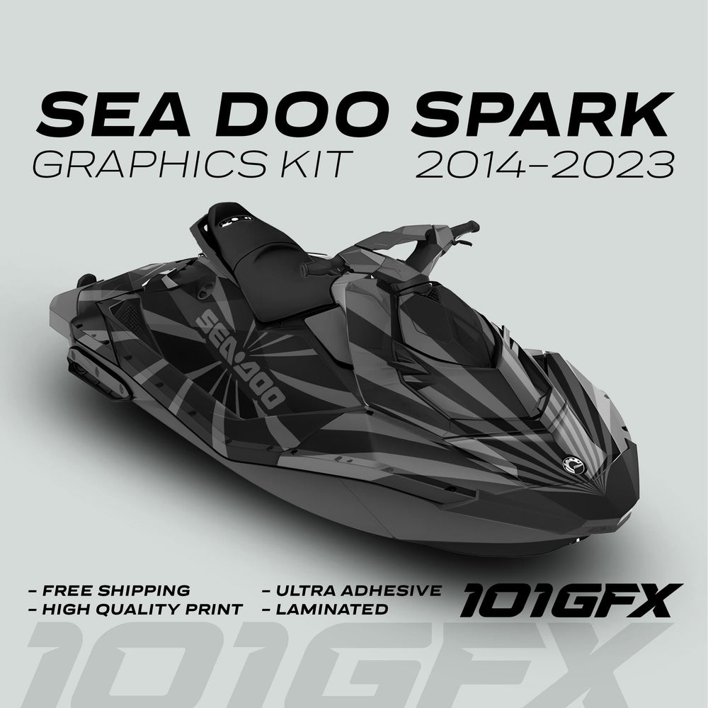 Sea Doo Spark Graphics Kit RAYS BLACK GREY showcasing black and dark-gray decals, featuring benefits like free shipping, high-quality print, ultra adhesive, and lamination.