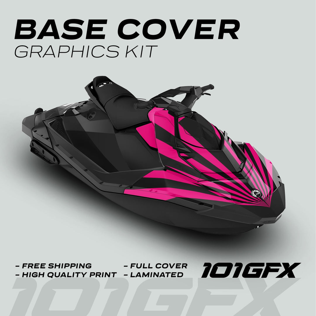 Sea Doo Spark Graphics Kit RAYS BLACK MAGENTA displayed on matte black jet ski with hot-pink stripes, highlighting Full Cover, Free Shipping, and High Quality Print features.