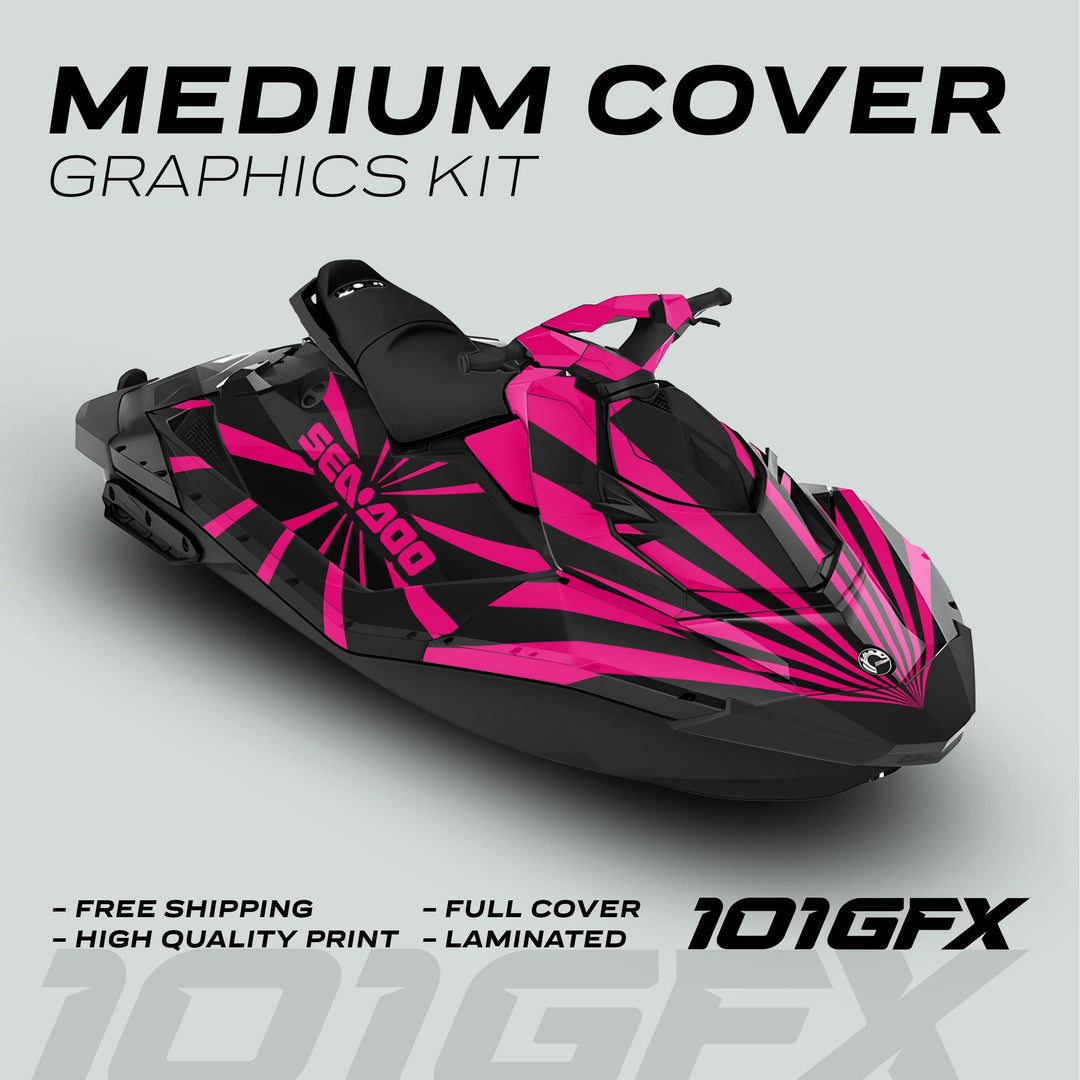 Sea-Doo jet ski with Sea Doo Spark Graphics Kit RAYS BLACK MAGENTA, featuring black and hot-pink decals, highlighting features like “FREE SHIPPING” and “LAMINATED.”