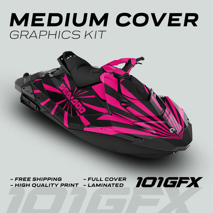 Sea-Doo jet ski with Sea Doo Spark Graphics Kit RAYS BLACK MAGENTA, featuring black and hot-pink decals, highlighting features like “FREE SHIPPING” and “LAMINATED.”