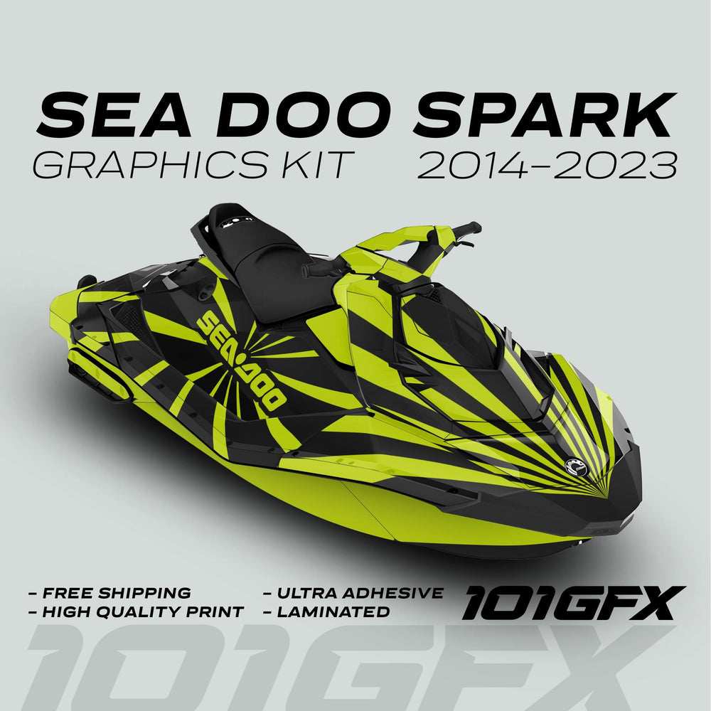 Sea-Doo Spark jet-ski with RAYS BLACK GREEN graphics kit, showing vibrant yellow-black design. Includes text: SEA DOO SPARK GRAPHICS KIT 2014–2023 and 101GFX logo.