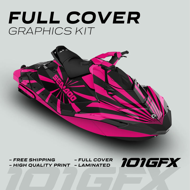 Sea Doo Spark Graphics Kit RAYS BLACK MAGENTA features bold pink-and-black stripes and blocks, high-quality vinyl, easy application, and custom fit for Sea Doo Spark.