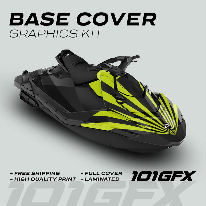 Sea Doo Spark Graphics Kit RAYS BLACK GREEN on a black jet-ski, featuring a neon-yellow and black striped vinyl design, highlighting full-cover wrap and laminated finish.