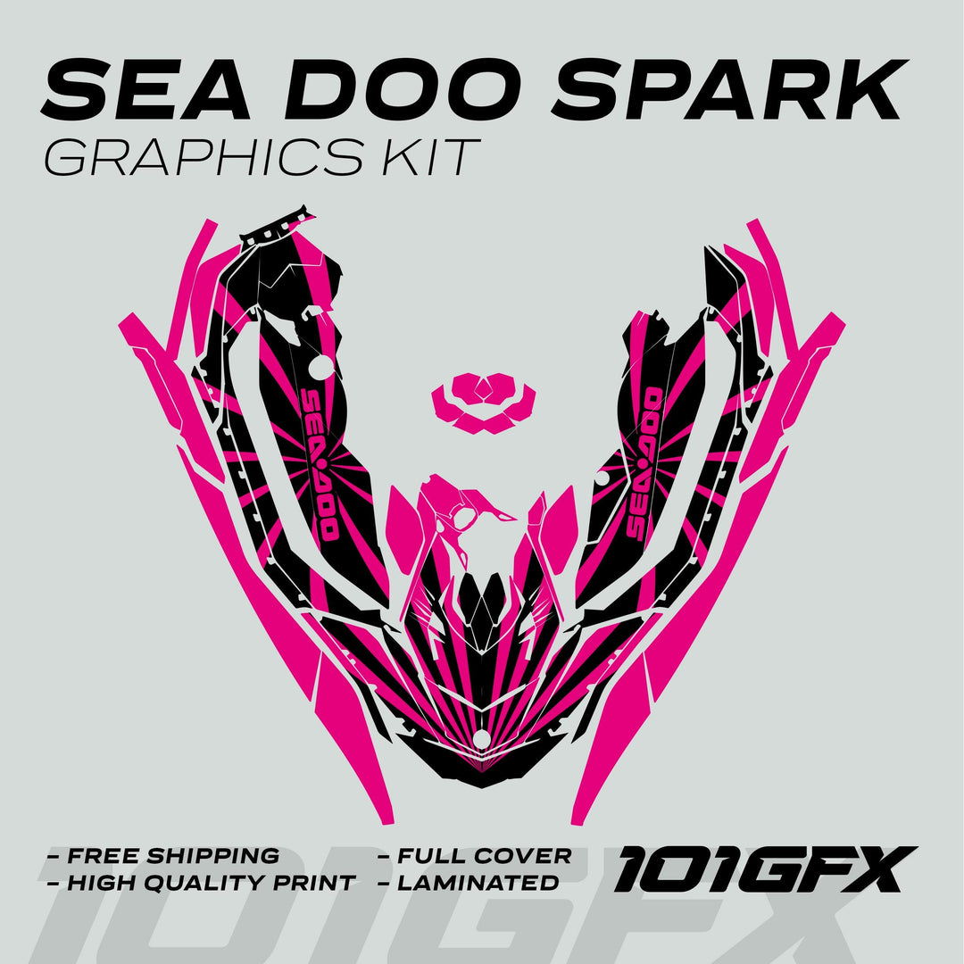 Sea Doo Spark Graphics Kit RAYS BLACK MAGENTA, featuring custom black and hot-pink decals, offers high-quality, laminated, full-cover designs with free shipping and easy application.