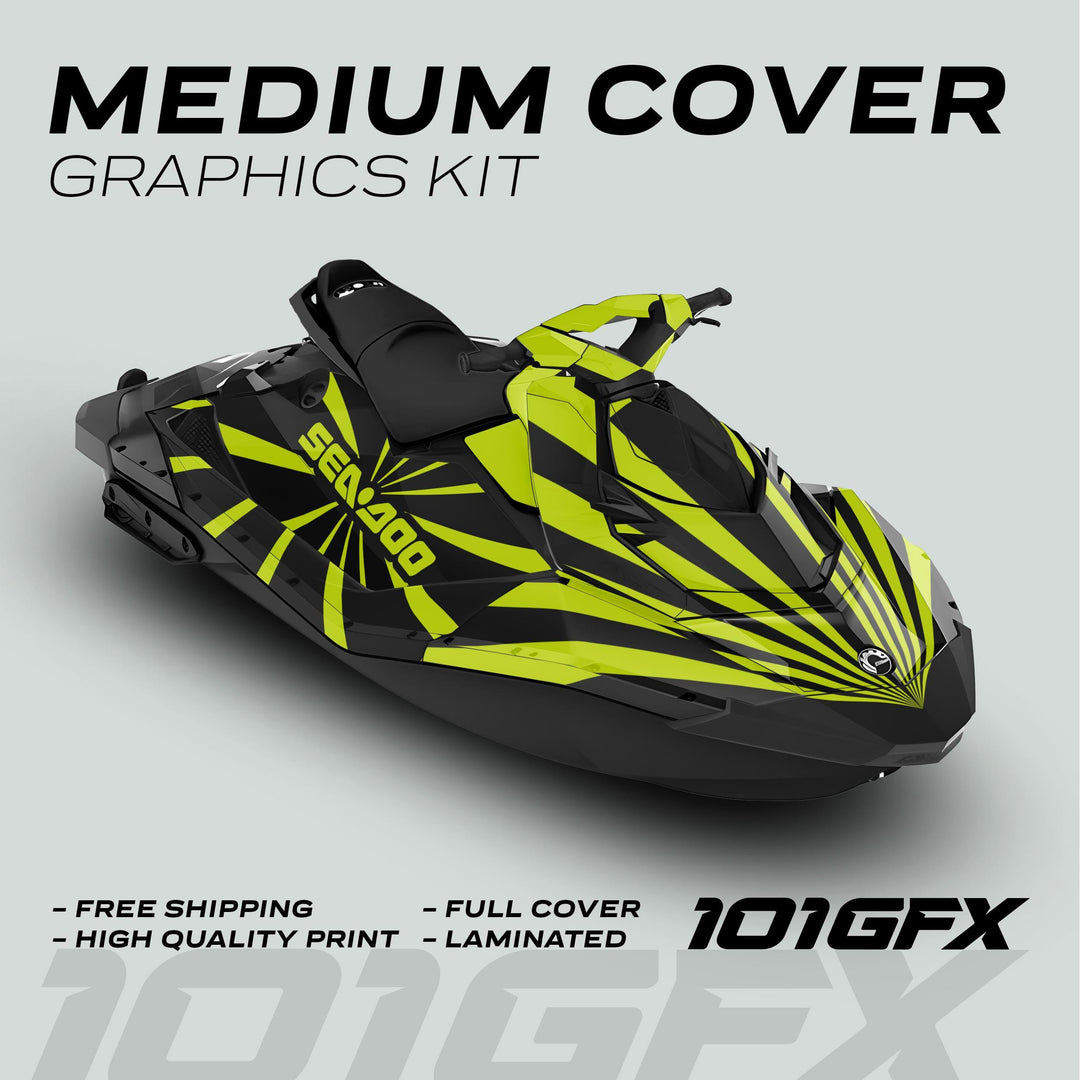 Sea Doo Spark Graphics Kit RAYS BLACK GREEN on jet ski, showcasing vibrant black and neon-yellow/green radial stripes, with free shipping, high-quality print, and full cover.