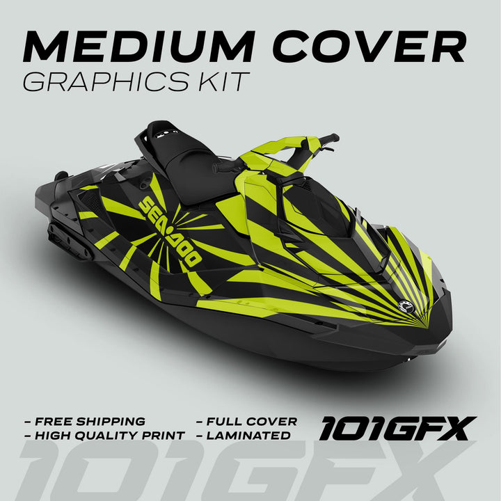 Sea Doo Spark Graphics Kit RAYS BLACK GREEN on jet ski, showcasing vibrant black and neon-yellow/green radial stripes, with free shipping, high-quality print, and full cover.