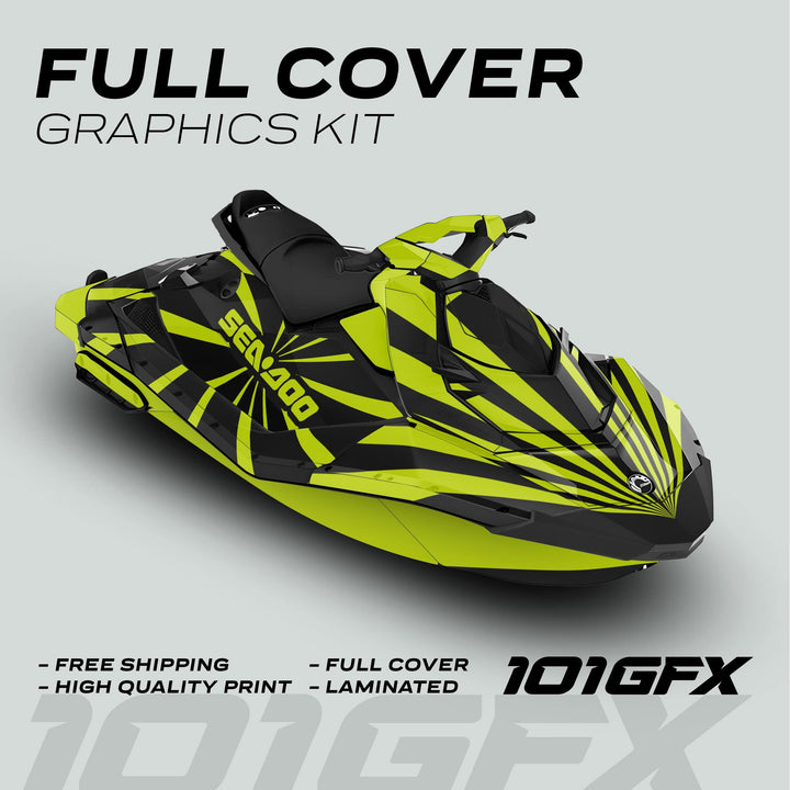 Sea Doo Spark Graphics Kit RAYS BLACK GREEN on jet ski, featuring high-contrast radial-burst stripe design with call-outs for free shipping, quality, and lamination.