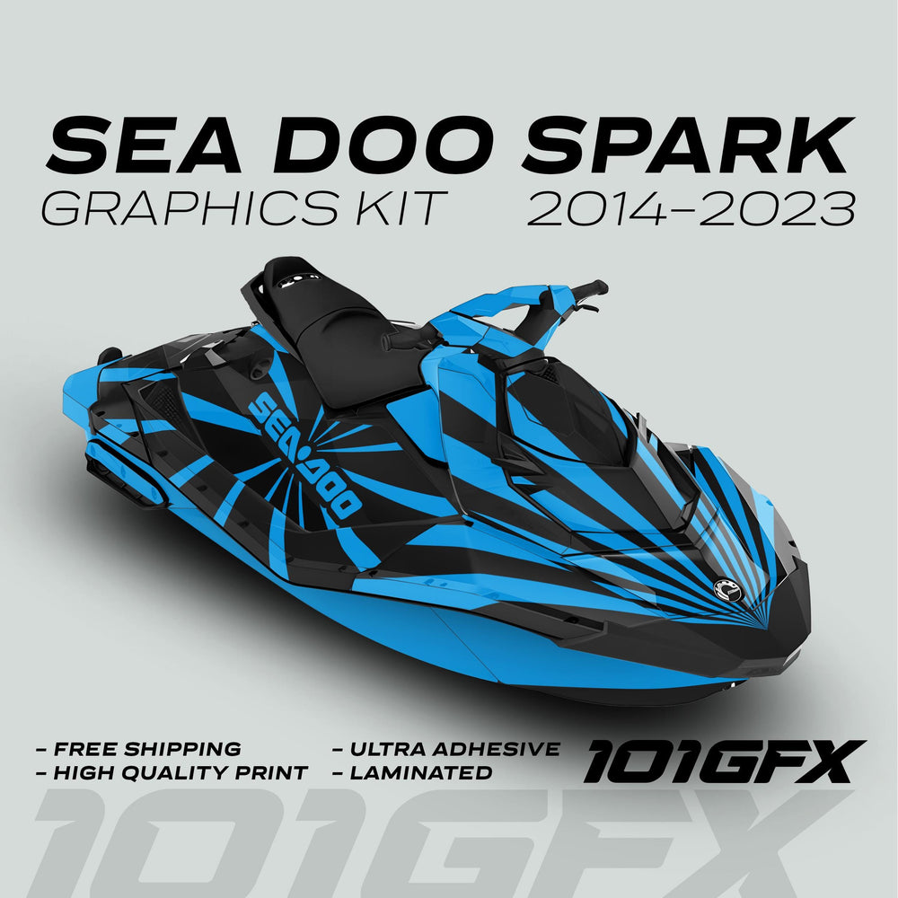 Sea Doo Spark Graphics Kit RAYS BLACK CYAN, showcasing blue-black designs, emphasizes durability, easy installation, and vibrant styling for Sea Doo Spark models, enhancing watercraft aesthetics.