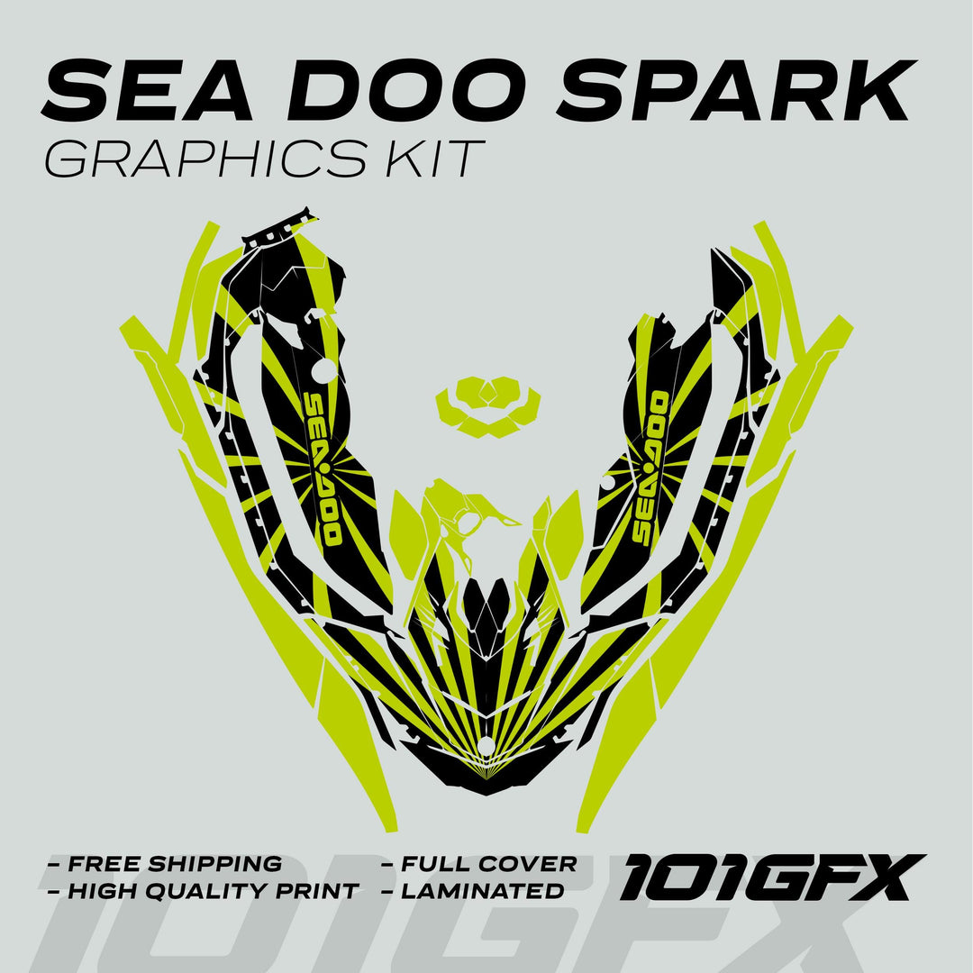 Sea Doo Spark Graphics Kit RAYS BLACK GREEN, showcasing black and neon green decals for full coverage, highlighting features like durability, vibrant design, and weather resistance.