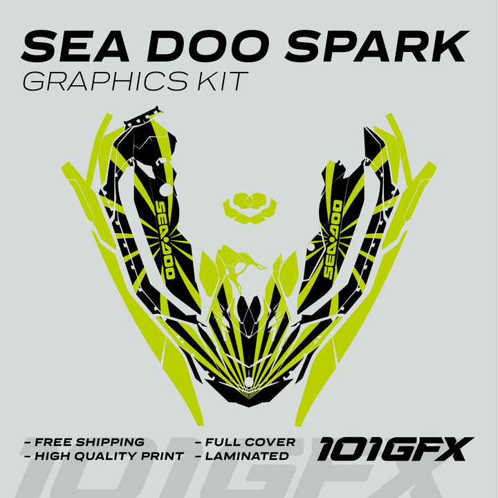 Sea Doo Spark Graphics Kit RAYS BLACK GREEN, showcasing black and neon green decals for full coverage, highlighting features like durability, vibrant design, and weather resistance.