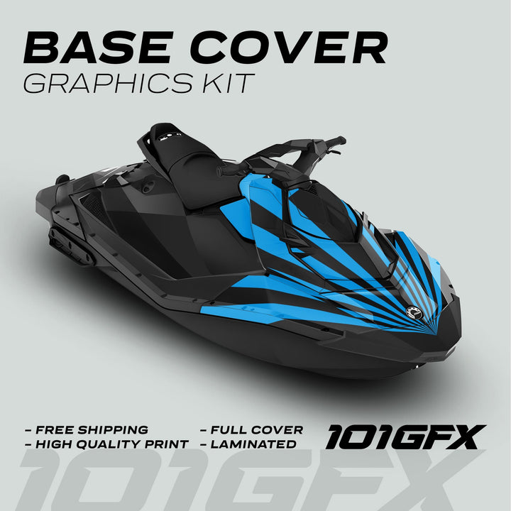Sea Doo Spark Graphics Kit RAYS BLACK CYAN on a jet ski with bold geometric stripes, highlighting features like free shipping and high-quality print.