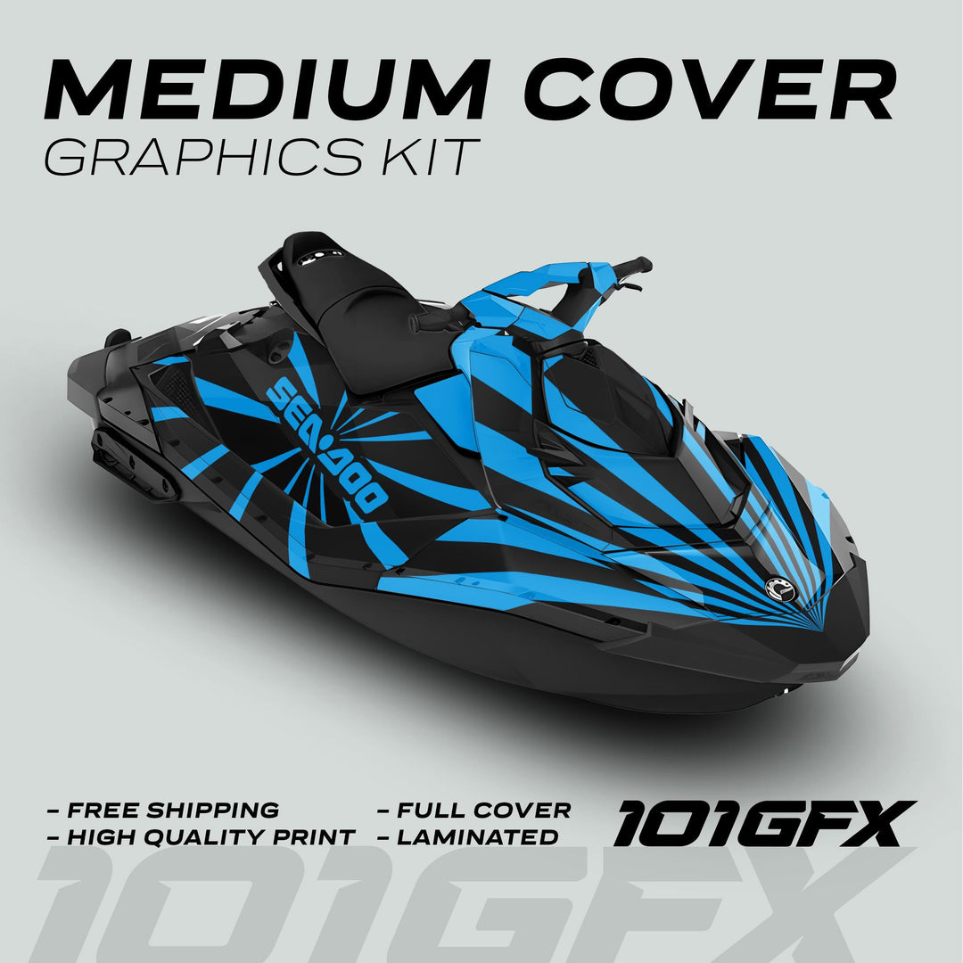 Sea Doo Spark Graphics Kit RAYS BLACK CYAN on jet ski, featuring bold graphics with “Free Shipping,” “High Quality Print,” and “101GFX” branding above and below.