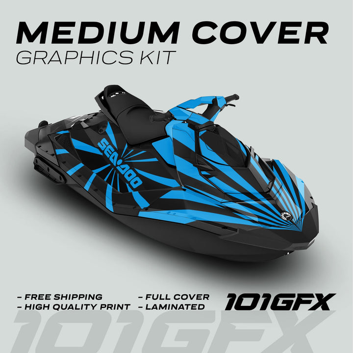 Sea Doo Spark Graphics Kit RAYS BLACK CYAN on jet ski, featuring bold graphics with “Free Shipping,” “High Quality Print,” and “101GFX” branding above and below.